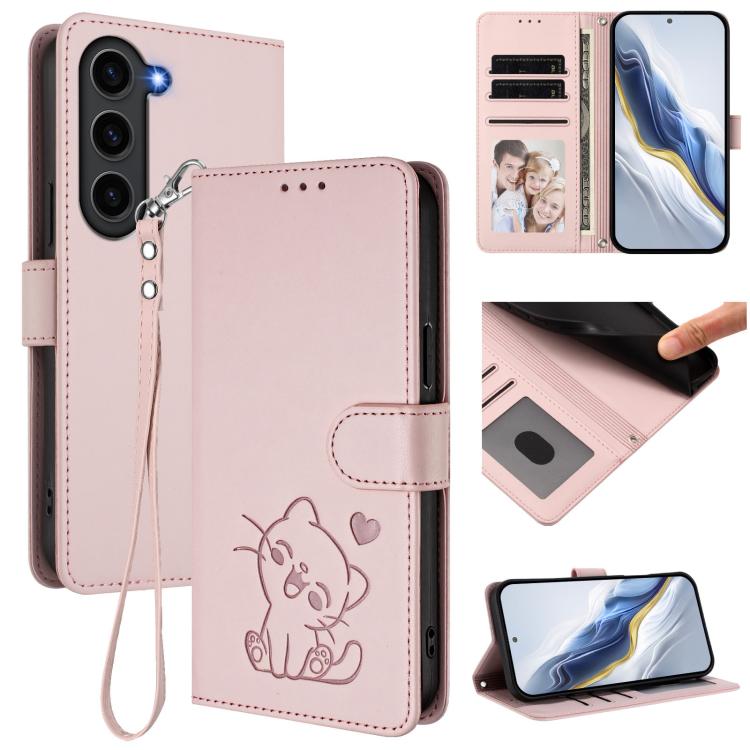 Custodia per telefono in pelle con ciondolo a forma di gatto e cuore in rilievo, completa di cinturino da polso., For Samsung Galaxy S23 Ultra 5G, For Samsung Galaxy S23+ 5G