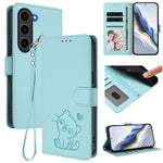 Custodia per telefono in pelle con ciondolo a forma di gatto e cuore in rilievo, completa di cinturino da polso., For Samsung Galaxy S23 Ultra 5G, For Samsung Galaxy S23+ 5G