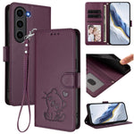 Custodia per telefono in pelle con ciondolo a forma di gatto e cuore in rilievo, completa di cinturino da polso., For Samsung Galaxy S23 Ultra 5G, For Samsung Galaxy S23+ 5G
