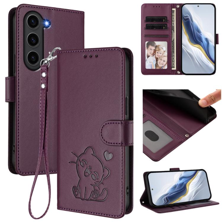 Custodia per telefono in pelle con ciondolo a forma di gatto e cuore in rilievo, completa di cinturino da polso., For Samsung Galaxy S23 Ultra 5G, For Samsung Galaxy S23+ 5G