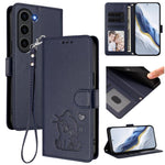 Custodia per telefono in pelle con ciondolo a forma di gatto e cuore in rilievo, completa di cinturino da polso., For Samsung Galaxy S23 Ultra 5G, For Samsung Galaxy S23+ 5G