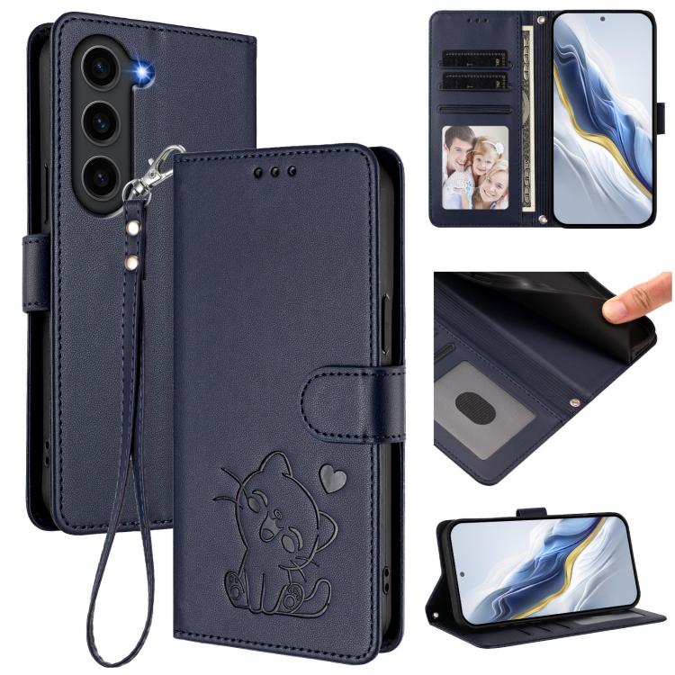 Custodia per telefono in pelle con ciondolo a forma di gatto e cuore in rilievo, completa di cinturino da polso., For Samsung Galaxy S23 Ultra 5G, For Samsung Galaxy S23+ 5G