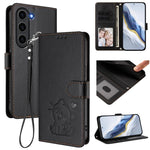 Custodia per telefono in pelle con ciondolo a forma di gatto e cuore in rilievo, completa di cinturino da polso., For Samsung Galaxy S23 Ultra 5G, For Samsung Galaxy S23+ 5G