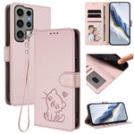 Custodia per telefono in pelle con ciondolo a forma di gatto e cuore in rilievo, completa di cinturino da polso., For Samsung Galaxy S23 Ultra 5G, For Samsung Galaxy S23+ 5G