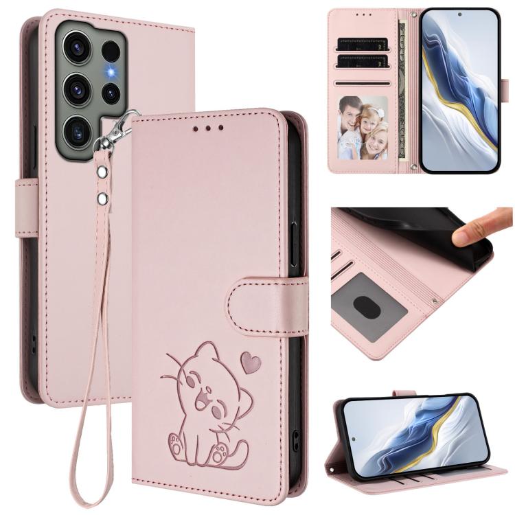 Custodia per telefono in pelle con ciondolo a forma di gatto e cuore in rilievo, completa di cinturino da polso., For Samsung Galaxy S23 Ultra 5G, For Samsung Galaxy S23+ 5G
