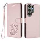 Custodia per telefono in pelle con ciondolo a forma di gatto e cuore in rilievo, completa di cinturino da polso., For Samsung Galaxy S23 Ultra 5G, For Samsung Galaxy S23+ 5G