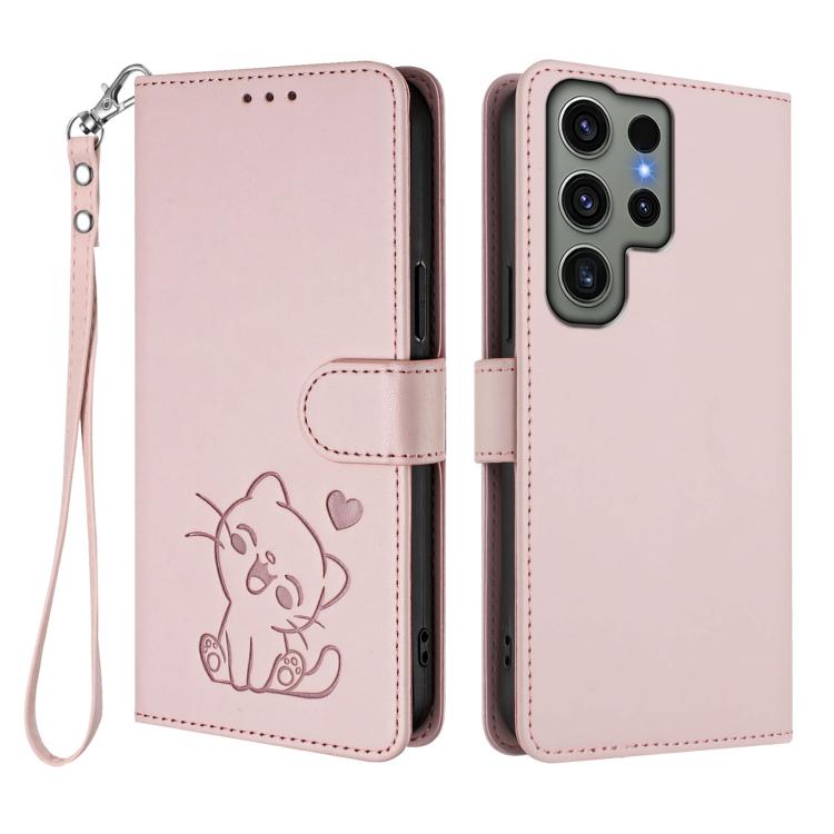 Custodia per telefono in pelle con ciondolo a forma di gatto e cuore in rilievo, completa di cinturino da polso., For Samsung Galaxy S23 Ultra 5G, For Samsung Galaxy S23+ 5G