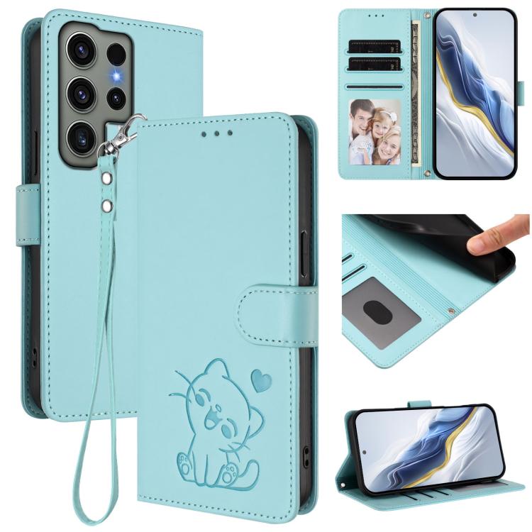 Custodia per telefono in pelle con ciondolo a forma di gatto e cuore in rilievo, completa di cinturino da polso., For Samsung Galaxy S23 Ultra 5G, For Samsung Galaxy S23+ 5G