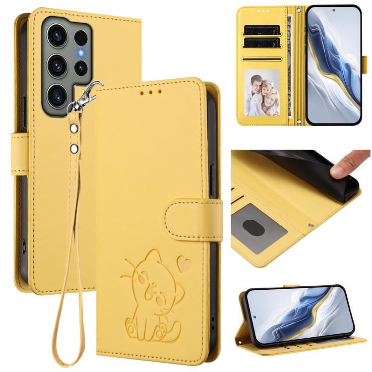 Custodia per telefono in pelle con ciondolo a forma di gatto e cuore in rilievo, completa di cinturino da polso., For Samsung Galaxy S23 Ultra 5G, For Samsung Galaxy S23+ 5G