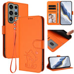 Custodia per telefono in pelle con ciondolo a forma di gatto e cuore in rilievo, completa di cinturino da polso., For Samsung Galaxy S23 Ultra 5G, For Samsung Galaxy S23+ 5G