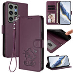 Custodia per telefono in pelle con ciondolo a forma di gatto e cuore in rilievo, completa di cinturino da polso., For Samsung Galaxy S23 Ultra 5G, For Samsung Galaxy S23+ 5G
