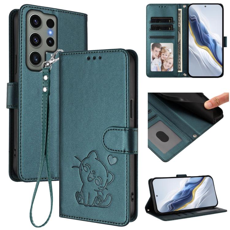 Custodia per telefono in pelle con ciondolo a forma di gatto e cuore in rilievo, completa di cinturino da polso., For Samsung Galaxy S23 Ultra 5G, For Samsung Galaxy S23+ 5G