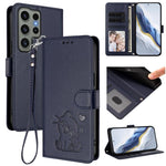 Custodia per telefono in pelle con ciondolo a forma di gatto e cuore in rilievo, completa di cinturino da polso., For Samsung Galaxy S23 Ultra 5G, For Samsung Galaxy S23+ 5G