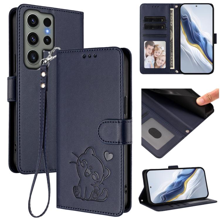 Custodia per telefono in pelle con ciondolo a forma di gatto e cuore in rilievo, completa di cinturino da polso., For Samsung Galaxy S23 Ultra 5G, For Samsung Galaxy S23+ 5G