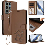 Custodia per telefono in pelle con ciondolo a forma di gatto e cuore in rilievo, completa di cinturino da polso., For Samsung Galaxy S23 Ultra 5G, For Samsung Galaxy S23+ 5G