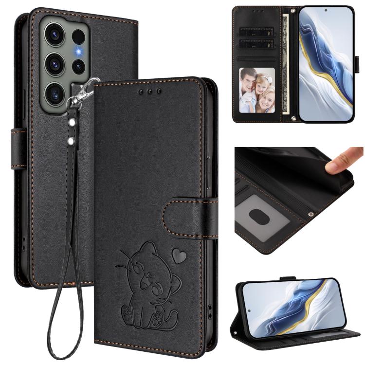 Custodia per telefono in pelle con ciondolo a forma di gatto e cuore in rilievo, completa di cinturino da polso., For Samsung Galaxy S23 Ultra 5G, For Samsung Galaxy S23+ 5G