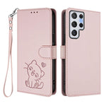 Custodia per telefono in pelle con ciondolo a forma di gatto e cuore in rilievo, completa di cinturino da polso., For Samsung Galaxy S22 Ultra 5G, For Samsung Galaxy S22+ 5G