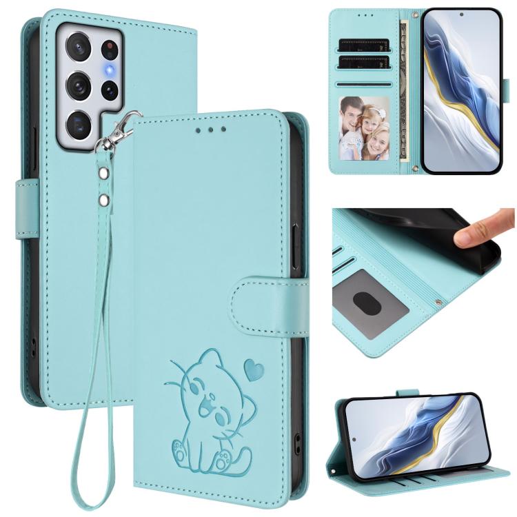 Custodia per telefono in pelle con ciondolo a forma di gatto e cuore in rilievo, completa di cinturino da polso., For Samsung Galaxy S22 Ultra 5G, For Samsung Galaxy S22+ 5G