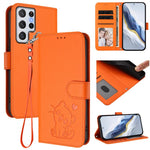 Custodia per telefono in pelle con ciondolo a forma di gatto e cuore in rilievo, completa di cinturino da polso., For Samsung Galaxy S22 Ultra 5G, For Samsung Galaxy S22+ 5G