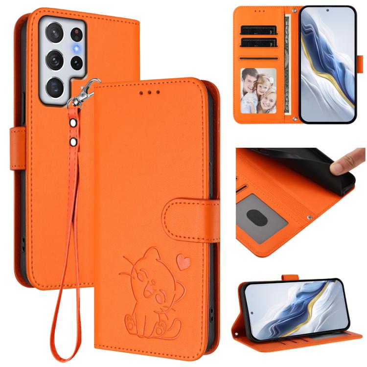 Custodia per telefono in pelle con ciondolo a forma di gatto e cuore in rilievo, completa di cinturino da polso., For Samsung Galaxy S22 Ultra 5G, For Samsung Galaxy S22+ 5G