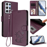 Custodia per telefono in pelle con ciondolo a forma di gatto e cuore in rilievo, completa di cinturino da polso., For Samsung Galaxy S22 Ultra 5G, For Samsung Galaxy S22+ 5G