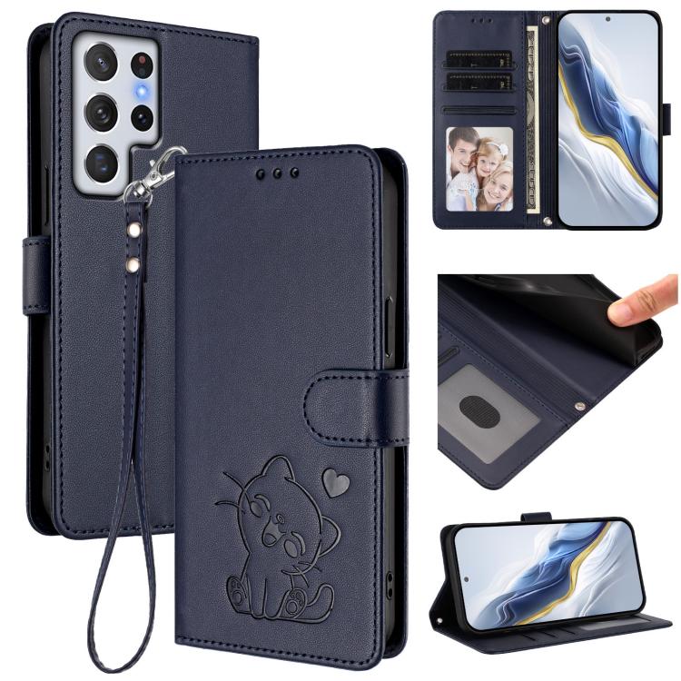 Custodia per telefono in pelle con ciondolo a forma di gatto e cuore in rilievo, completa di cinturino da polso., For Samsung Galaxy S22 Ultra 5G, For Samsung Galaxy S22+ 5G