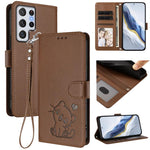 Custodia per telefono in pelle con ciondolo a forma di gatto e cuore in rilievo, completa di cinturino da polso., For Samsung Galaxy S22 Ultra 5G, For Samsung Galaxy S22+ 5G