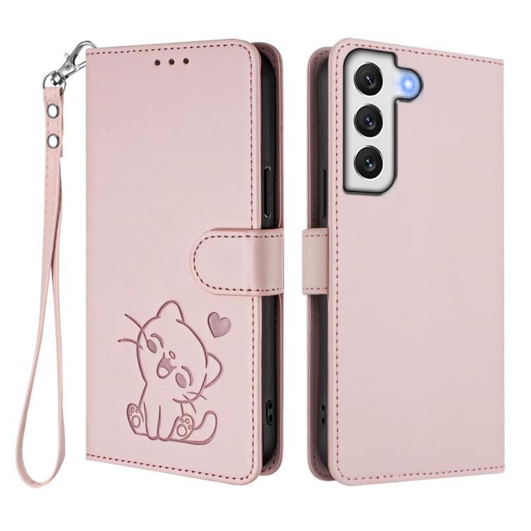 Custodia per telefono in pelle con ciondolo a forma di gatto e cuore in rilievo, completa di cinturino da polso., For Samsung Galaxy S22 5G, For Samsung Galaxy S21 FE 5G