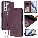 Custodia per telefono in pelle con ciondolo a forma di gatto e cuore in rilievo, completa di cinturino da polso., For Samsung Galaxy S22 5G, For Samsung Galaxy S21 FE 5G