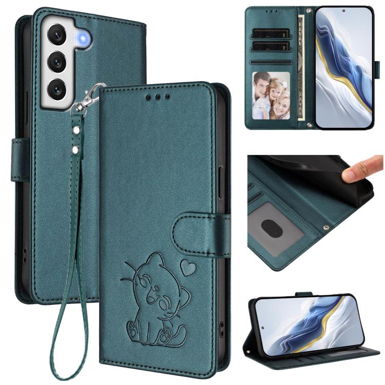 Custodia per telefono in pelle con ciondolo a forma di gatto e cuore in rilievo, completa di cinturino da polso., For Samsung Galaxy S22 5G, For Samsung Galaxy S21 FE 5G