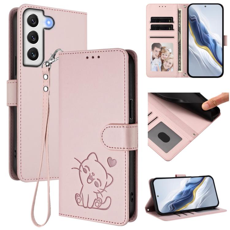 Custodia per telefono in pelle con ciondolo a forma di gatto e cuore in rilievo, completa di cinturino da polso., For Samsung Galaxy S22 Ultra 5G, For Samsung Galaxy S22+ 5G