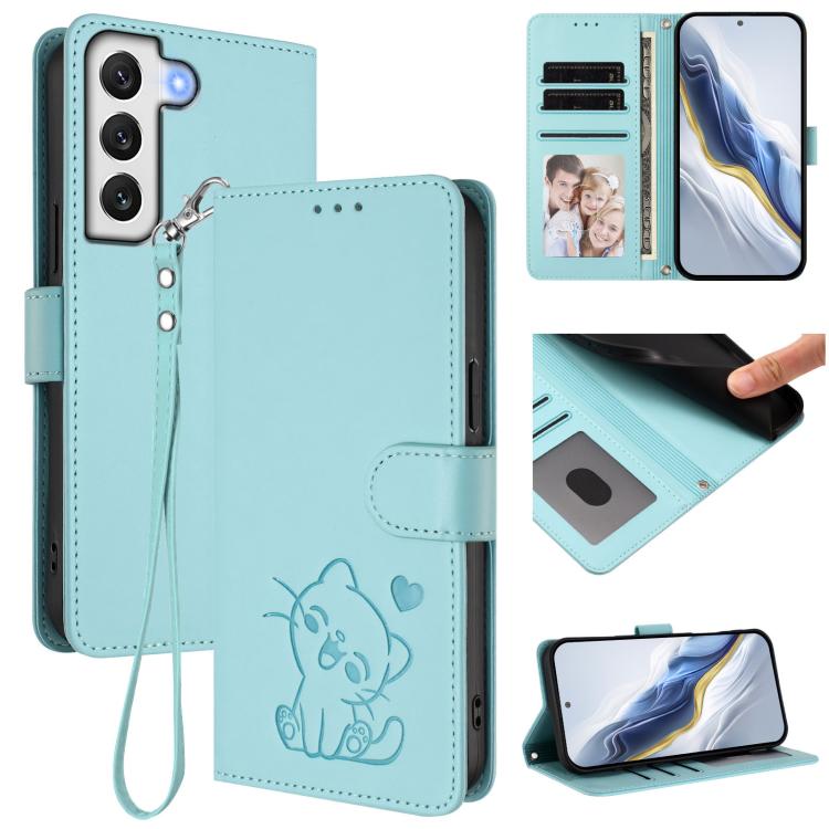 Custodia per telefono in pelle con ciondolo a forma di gatto e cuore in rilievo, completa di cinturino da polso., For Samsung Galaxy S22 Ultra 5G, For Samsung Galaxy S22+ 5G