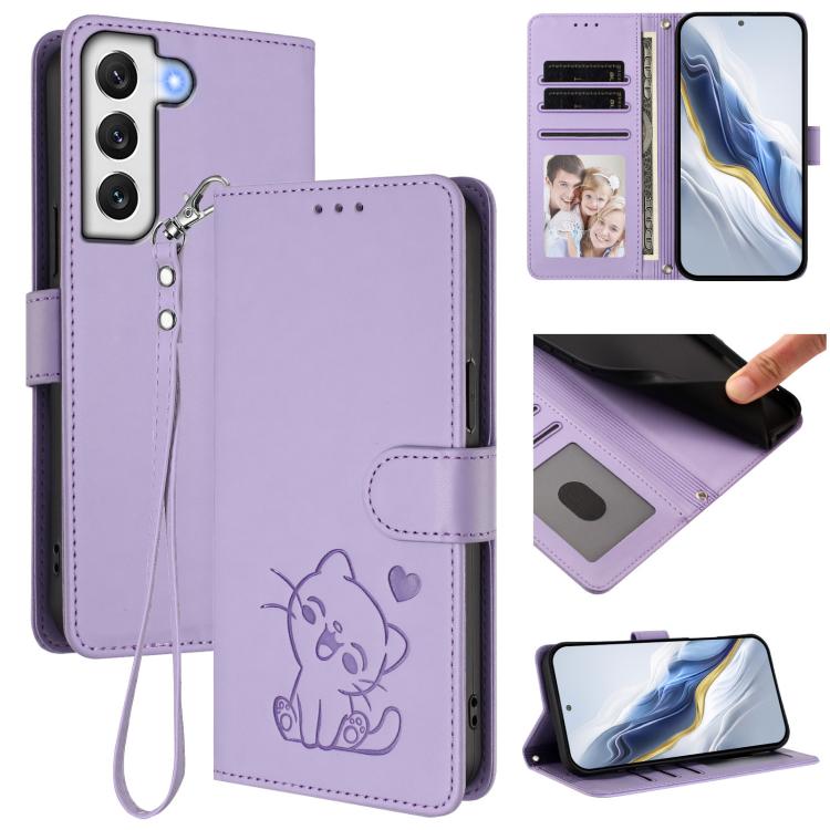 Custodia per telefono in pelle con ciondolo a forma di gatto e cuore in rilievo, completa di cinturino da polso., For Samsung Galaxy S22 Ultra 5G, For Samsung Galaxy S22+ 5G