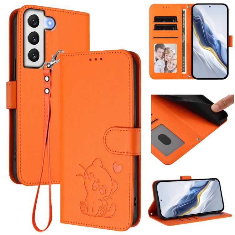 Custodia per telefono in pelle con ciondolo a forma di gatto e cuore in rilievo, completa di cinturino da polso., For Samsung Galaxy S22 Ultra 5G, For Samsung Galaxy S22+ 5G