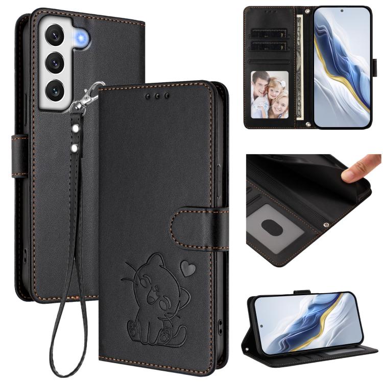 Custodia per telefono in pelle con ciondolo a forma di gatto e cuore in rilievo, completa di cinturino da polso., For Samsung Galaxy S22 5G, For Samsung Galaxy S21 FE 5G