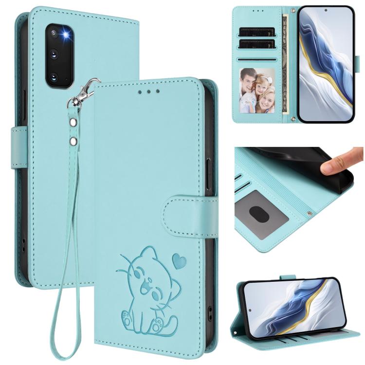 Custodia per telefono in pelle con ciondolo a forma di gatto e cuore in rilievo, completa di cinturino da polso., For Samsung Galaxy S23 5G, For Samsung Galaxy S20 FE