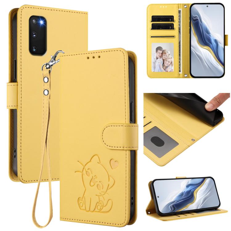 Custodia per telefono in pelle con ciondolo a forma di gatto e cuore in rilievo, completa di cinturino da polso., For Samsung Galaxy S23 5G, For Samsung Galaxy S20 FE