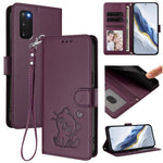 Custodia per telefono in pelle con ciondolo a forma di gatto e cuore in rilievo, completa di cinturino da polso., For Samsung Galaxy S23 5G, For Samsung Galaxy S20 FE