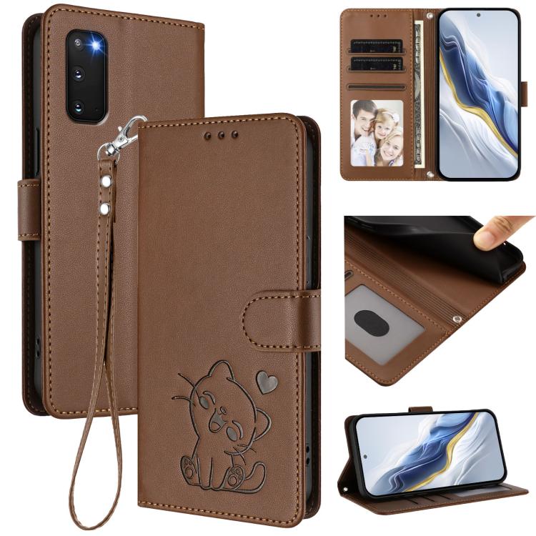 Custodia per telefono in pelle con ciondolo a forma di gatto e cuore in rilievo, completa di cinturino da polso., For Samsung Galaxy S23 5G, For Samsung Galaxy S20 FE