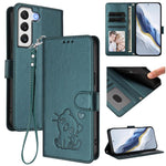 Custodia per telefono in pelle con ciondolo a forma di gatto e cuore in rilievo, completa di cinturino da polso., For Samsung Galaxy S21 5G, For Samsung Galaxy S21+ 5G