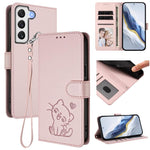 Custodia per telefono in pelle con ciondolo a forma di gatto e cuore in rilievo, completa di cinturino da polso., For Samsung Galaxy S21 5G, For Samsung Galaxy S21+ 5G