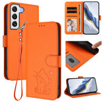 Custodia per telefono in pelle con ciondolo a forma di gatto e cuore in rilievo, completa di cinturino da polso., For Samsung Galaxy S21 5G, For Samsung Galaxy S21+ 5G