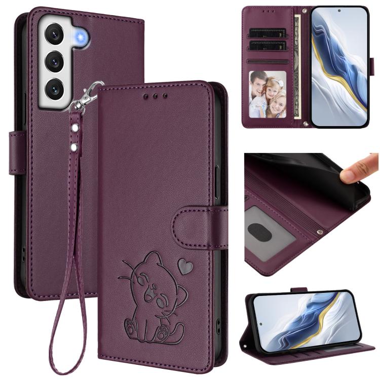 Custodia per telefono in pelle con ciondolo a forma di gatto e cuore in rilievo, completa di cinturino da polso., For Samsung Galaxy S21 5G, For Samsung Galaxy S21+ 5G