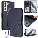 Custodia per telefono in pelle con ciondolo a forma di gatto e cuore in rilievo, completa di cinturino da polso., For Samsung Galaxy S21 5G, For Samsung Galaxy S21+ 5G