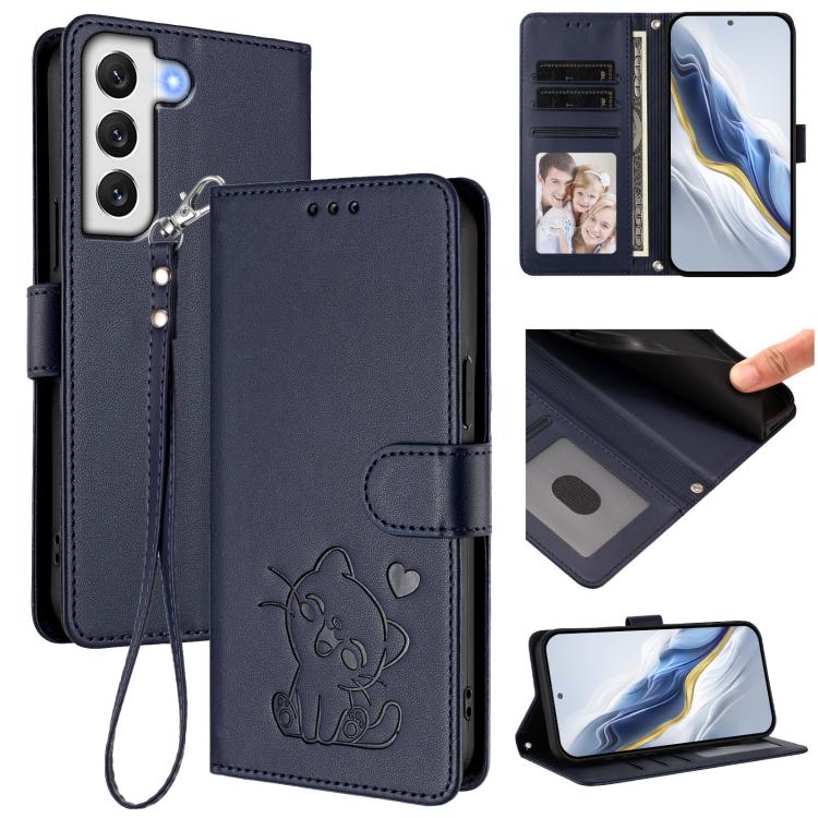 Custodia per telefono in pelle con ciondolo a forma di gatto e cuore in rilievo, completa di cinturino da polso., For Samsung Galaxy S21 5G, For Samsung Galaxy S21+ 5G
