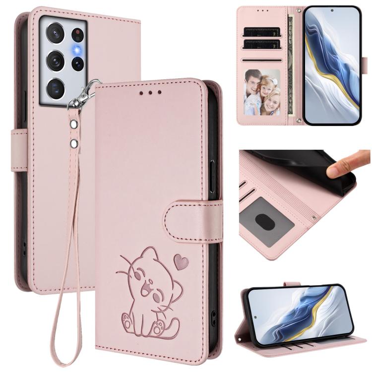Custodia per telefono in pelle con ciondolo a forma di gatto e cuore in rilievo, completa di cinturino da polso., For Samsung Galaxy S21 Ultra 5G