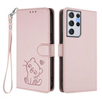 Custodia per telefono in pelle con ciondolo a forma di gatto e cuore in rilievo, completa di cinturino da polso., For Samsung Galaxy S21 Ultra 5G