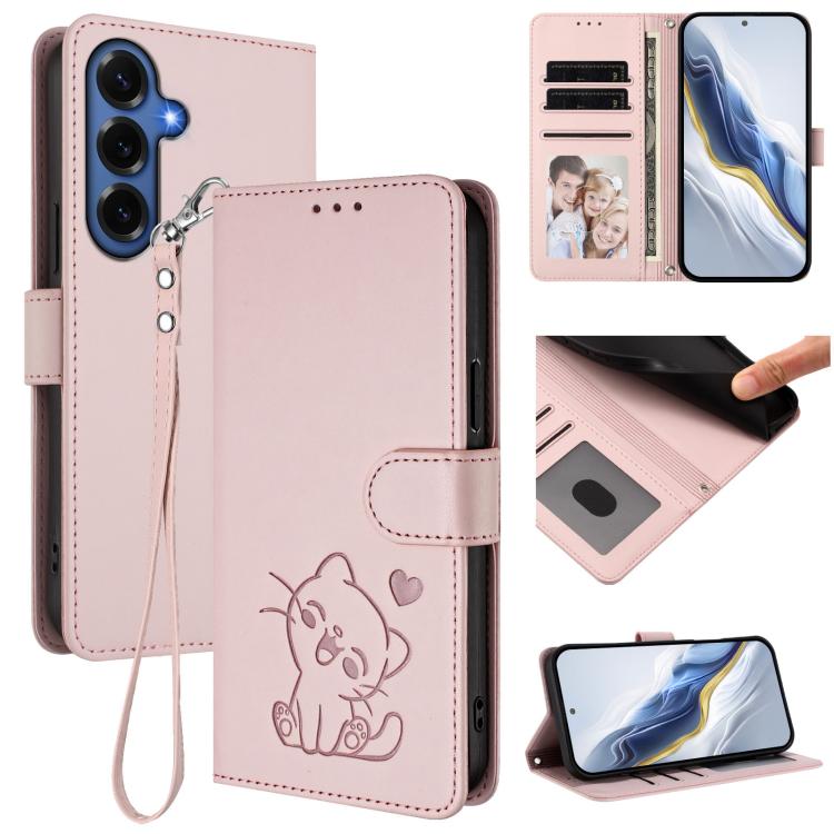 Custodia per telefono in pelle con ciondolo a forma di gatto e cuore in rilievo, completa di cinturino da polso., For Galaxy S26 FE 5G, For Samsung Galaxy S26+ 5G