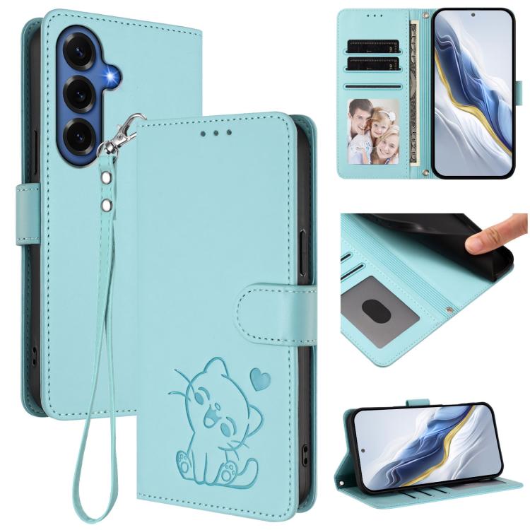 Custodia per telefono in pelle con ciondolo a forma di gatto e cuore in rilievo, completa di cinturino da polso., For Galaxy S26 FE 5G, For Samsung Galaxy S26+ 5G