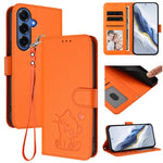 Custodia per telefono in pelle con ciondolo a forma di gatto e cuore in rilievo, completa di cinturino da polso., For Galaxy S26 FE 5G, For Samsung Galaxy S26+ 5G